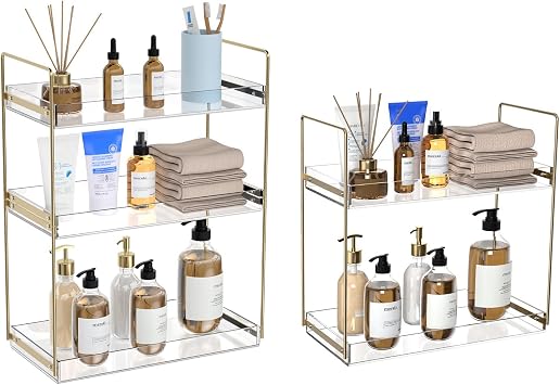 Bathroom Countertop Organizer, 2&3 Tier Acrylic Tray Vanity Counter Skincare Organizer Shelf, Kitchen Under Sink Standing Rack, Home Storage Holder for Lotion Makeup Cosmetics Perfume Spice, Gold