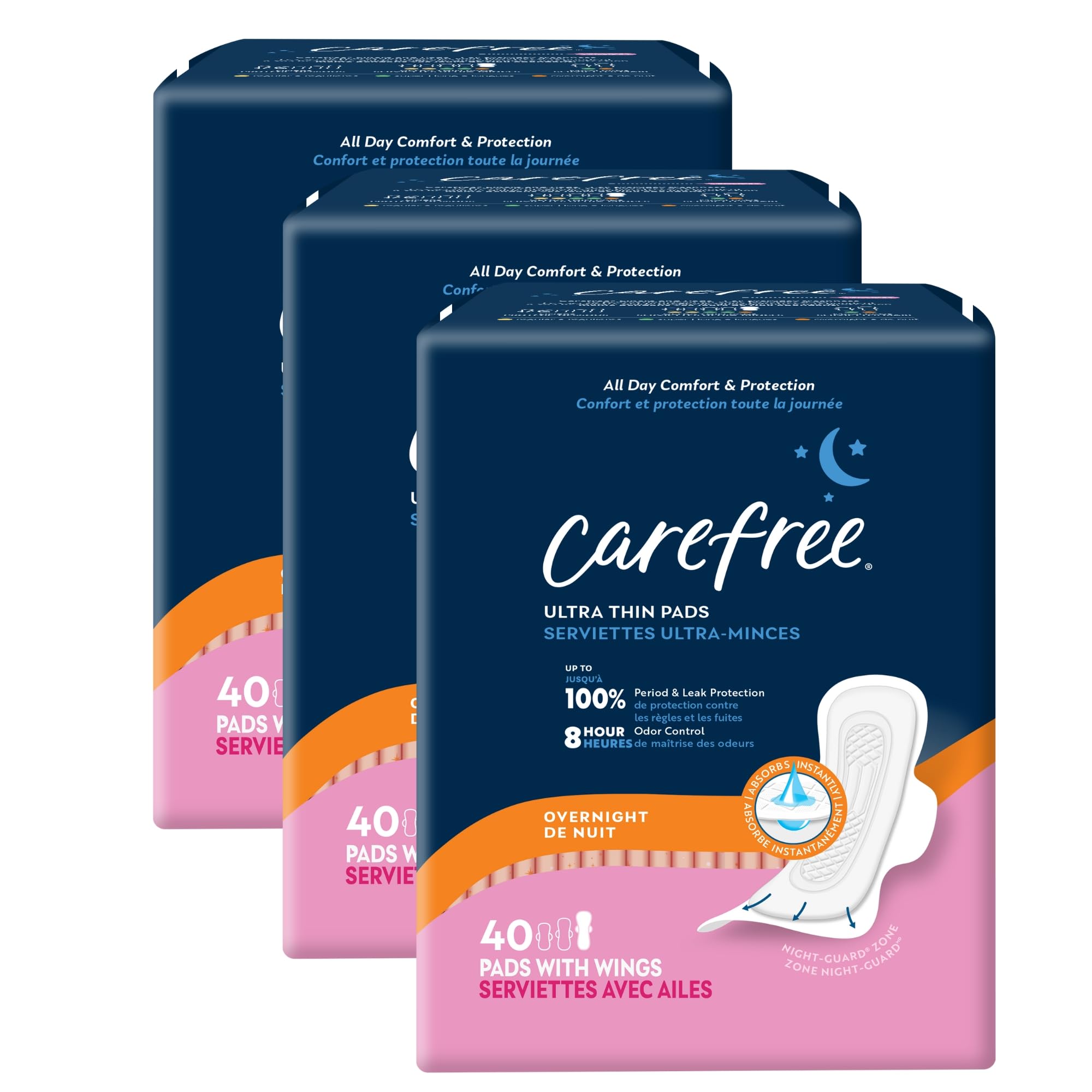 Ultra Thin Pads for Women, Overnight Pads with Wings, 120ct (3 Packs of 40ct) | Carefree Feminine Care, Period Care & Postpartum | 120ct (3 Packs of 40ct)