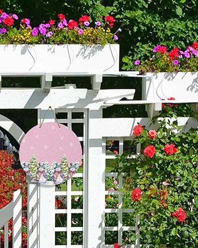 Miniatura 2 de Seasonal Front Door Welcome Sign, Merry Christmas Snowman Xmas Tree Snowflake Pink Round Wood Wreaths Wall Hanging Sign for Outdoor Porch Wall