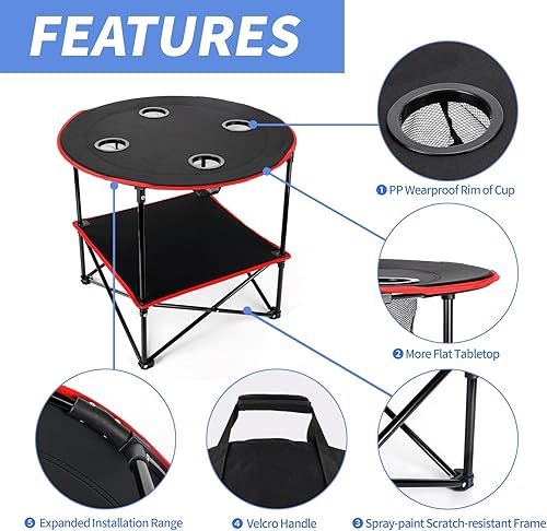 Miniatura 5 de Mesa de playa para acampar, 4 portavasos con marco de acero, ligera 600D Oxford, plegable, con bolsa de transporte, mesa de pesca para exteriores,