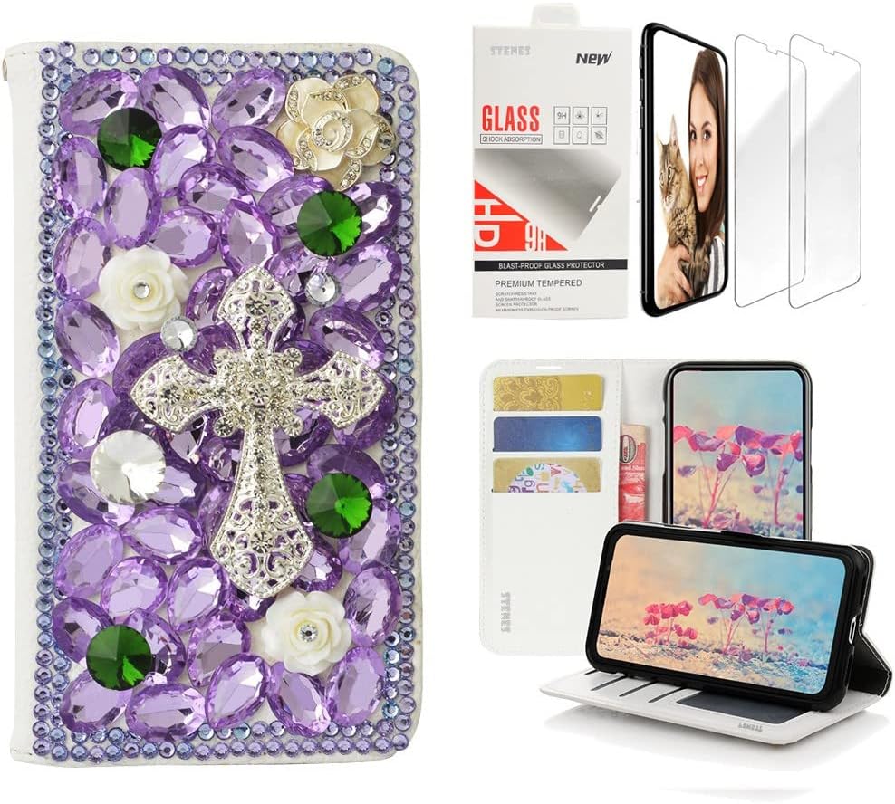 STENES Bling Wallet Case Compatible with Samsung Galaxy S10 6.1 Inch (2019 Release) - Stylish - 3D Handmade Cross Flowers Design Leather Case with Wrist Strap & Screen Protector 2 Pack - Light Purple