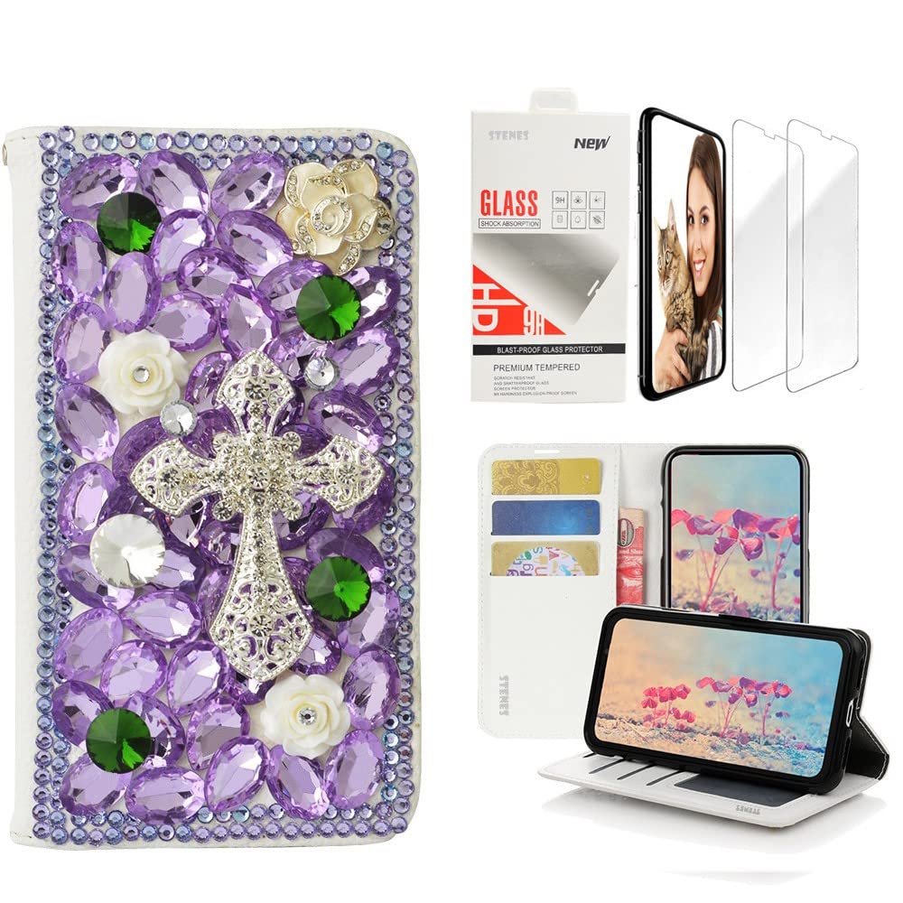 STENES Bling Wallet Case Compatible with iPhone 7 / iPhone 8, 3D Handmade Cross Flowers Design Leather Case with Wrist Strap & Screen Protector [2 Pack] - Light Purple