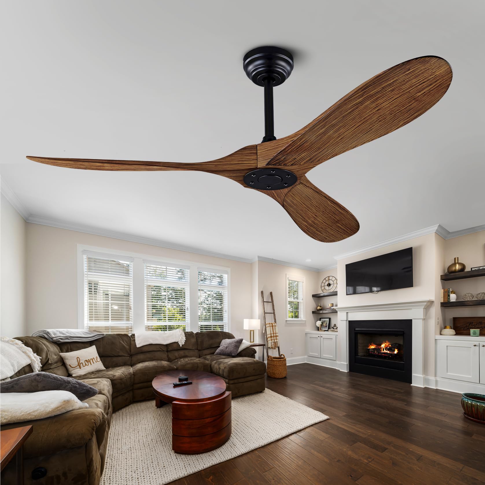 Photo 1 of QUTWOB 52" Ceiling Fan with Remote Control No Lights,Modern Reversible DC Motor Indoor Outdoor 3 Blades Ceiling Fans for Patio Bedroom Living Room(Black+Dark Walnut)