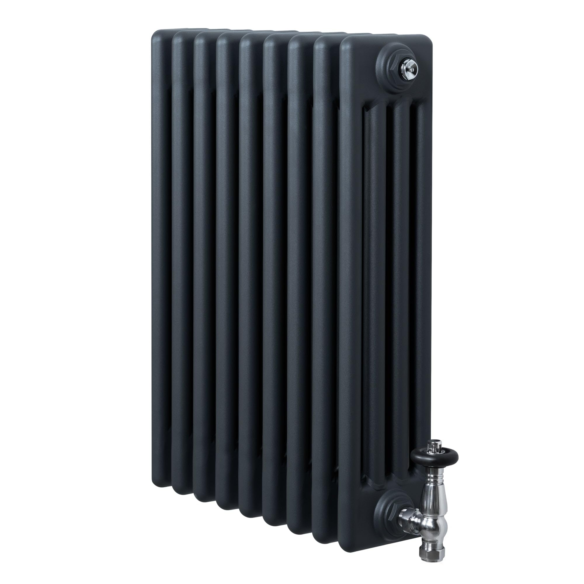 Traditional 4 Column Radiator 600mm x 425mm & TRV Chrome Valves Central Heating Heater Anthracite Grey Carbon Steel Horizontal Wall Mounted Kitchen Living Room Cleaning Brush Fixing Kit & Brackets