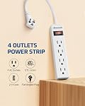 DEWENWILS 4 Outlets Power Strip, 2FT Short Cord with Flat Angled Plug, Portable Small Power Strip, 15A 125V 1875W, Wall Mount Design for Home Office Dorm, ETL Listed White, 1 Pack