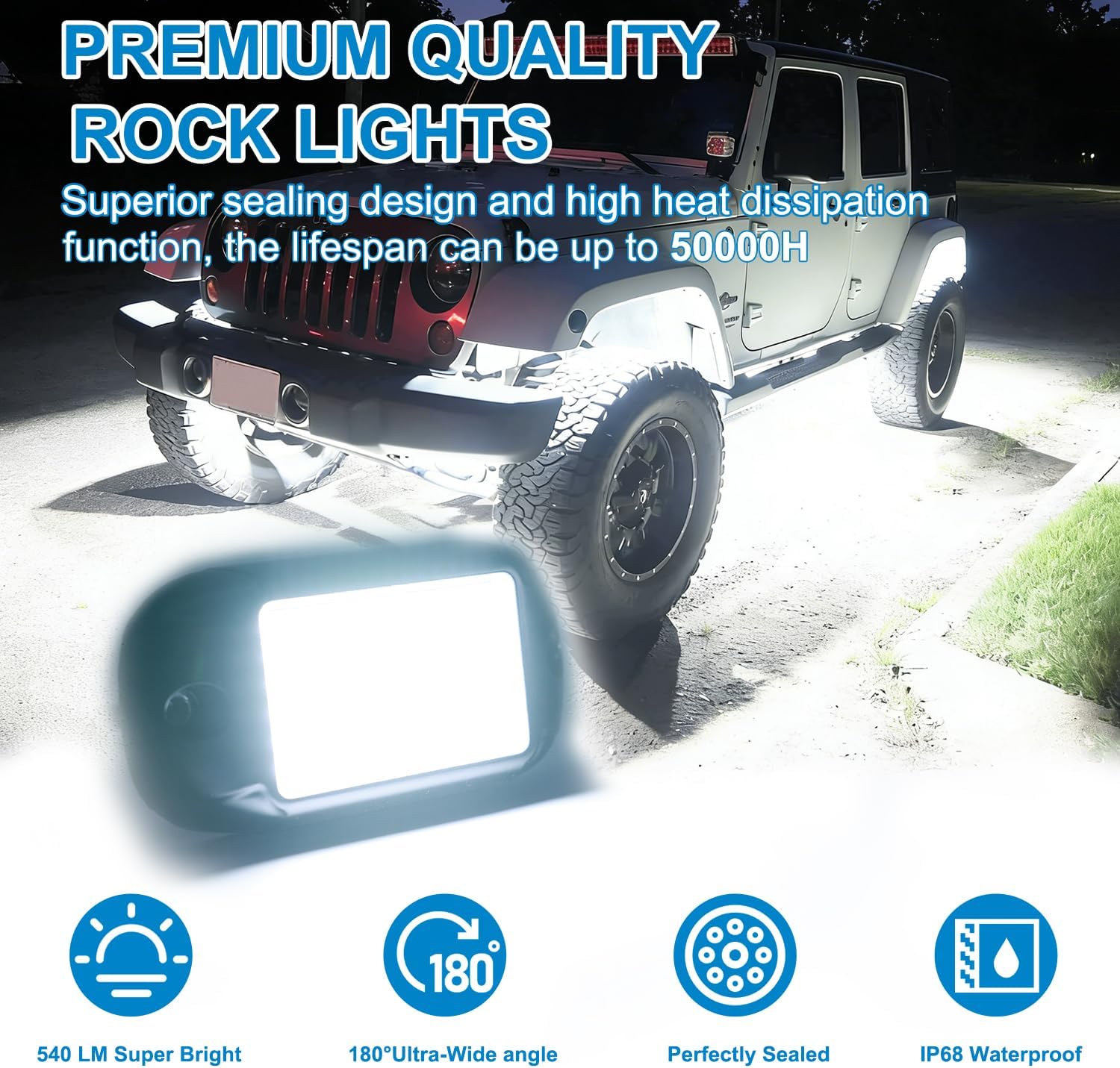 Nicoko 84 LEDs per pod Metal Aluminum Pure White Rock Lights 6000k Neon underglow Light IP68 Waterproof for Bike Motorcycle Pickup Trucks SUV ATV Pack 8