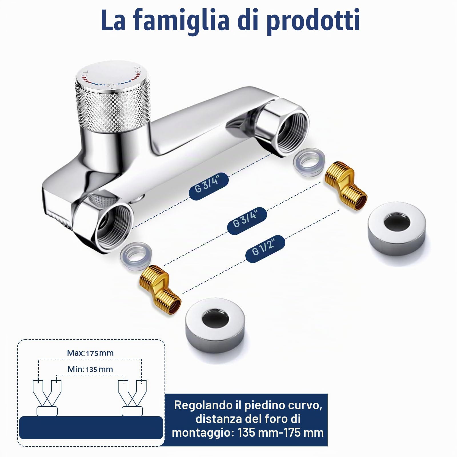Miscelatore Termostatico per Vasca Doccia con Uscita a Cascata, Rubinetto Doccia da Muro Rubinetto Rubinetto Doccia con Termostato, per Vasca e Doccia, Caldo e Freddo Regolabile