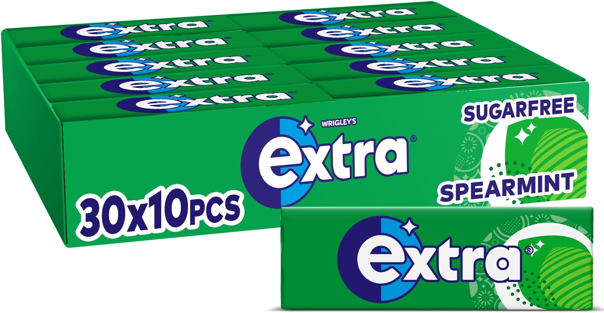 Chewing Gum, Spearmint Flavour, 30 Packs of 10 Pieces, Sugar Free Chewing Gum Bulk Pack with Xylitol (300 pieces)