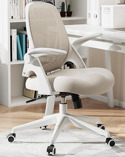 Hbada - Silla de escritorio de oficina con reposabrazos abatibles y cojín de silla, silla de oficina ergonómica con respaldo en forma de S, Gris