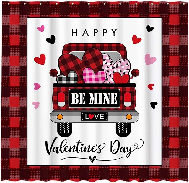 Allenjoy Happy Valentine's Day Buffalo Check Red Plaid Shower Curtain Set with Hooks Farmhouse Love Truck Home Bathroom Bathtubs Decor Easy Care Washable Durable Polyester Fabric 72"x72"