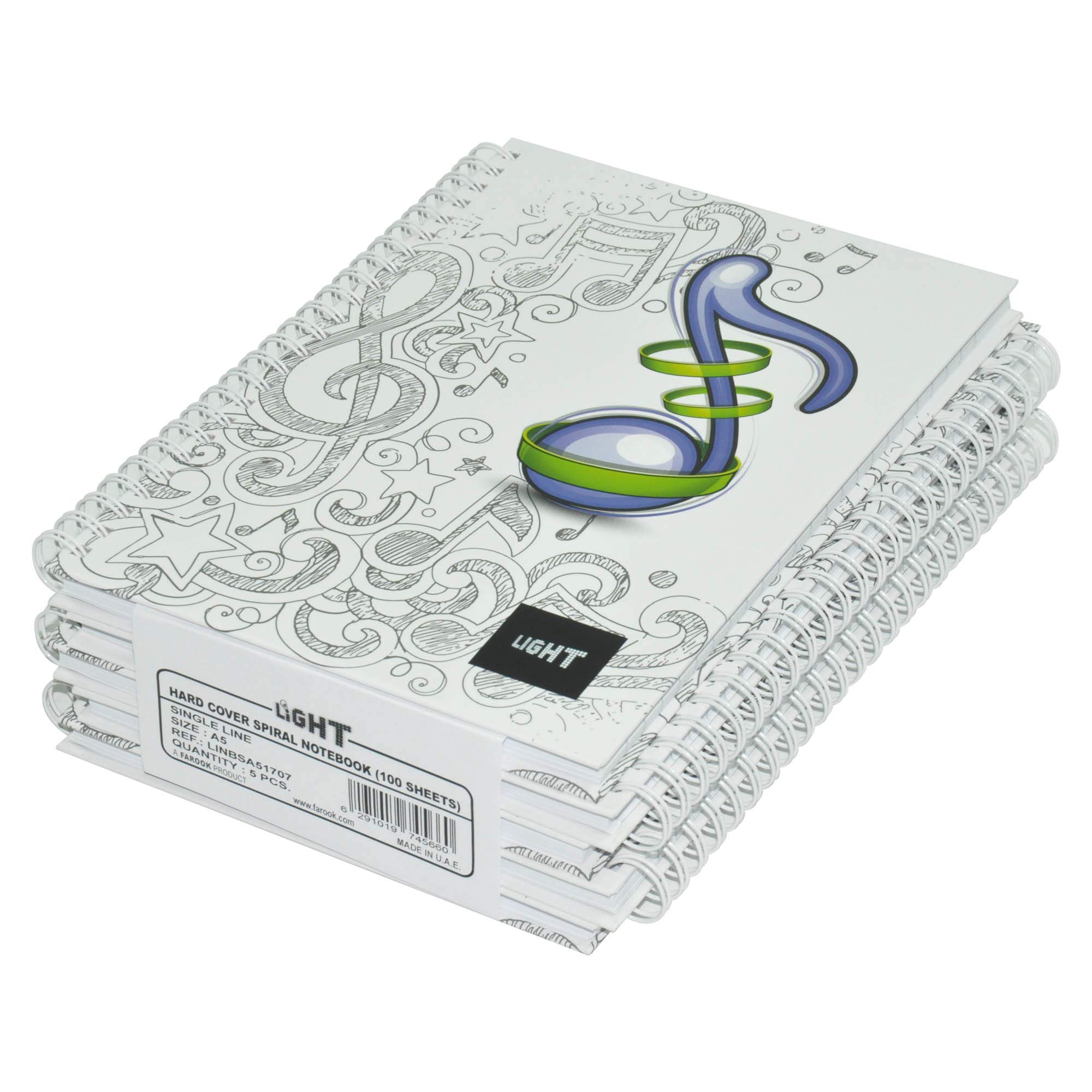 FISLight A5 Spiral Hard Cover Single Line Notebook, 100 Sheets, 5 Piece - LINBSA51707