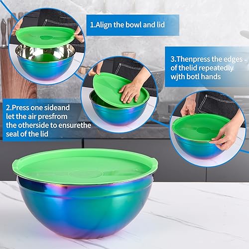 Miniatura 3 de Onlycooker Tazones de mezcla arcoíris con tapas herméticas, cuenco de acero inoxidable, cuencos para ensalada, 4 piezas, coloridos cuencos