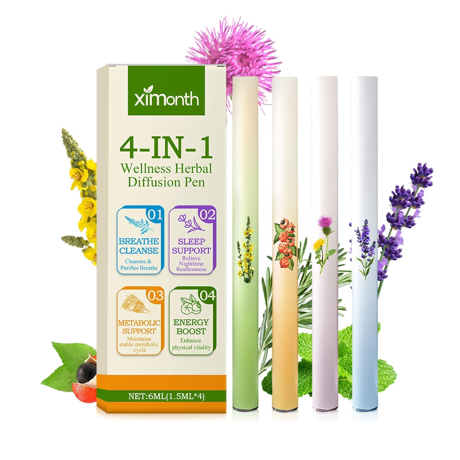 4 pezzi Purificatore Polmonare alle Erbe di Verbascum, Purificatore Polmonare Verbascum, Penna Diffusore Aggiornata alle Erbe, Aromaterapia Verbascum Pulizia Polmonare Inalatore, per Uomini Donne
