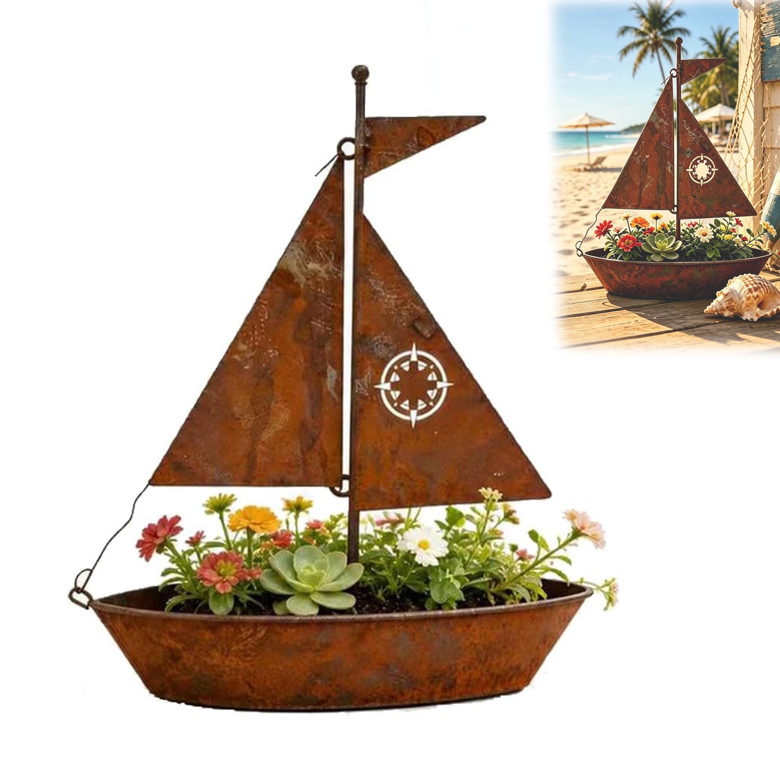 Nnbwlmaee 1Pc Rustic Sailboat Metal Planter 3D Nautical Decor Vintage Iron Nautical Succulent Planter For Home Garden Patio Balcony Tabletop Decoration (1Pc)