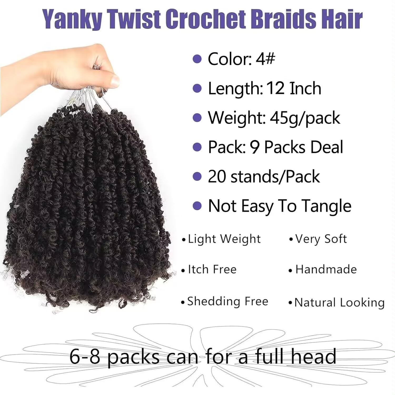 Datanala Yanky Twists Crochet Braiding Hair 12 Inch 9 Packs Pre-twisted Passion Twist Crochet Hair with Curls Micro Spring Twists Pre-looped Curly for Women (4#) - Image 3