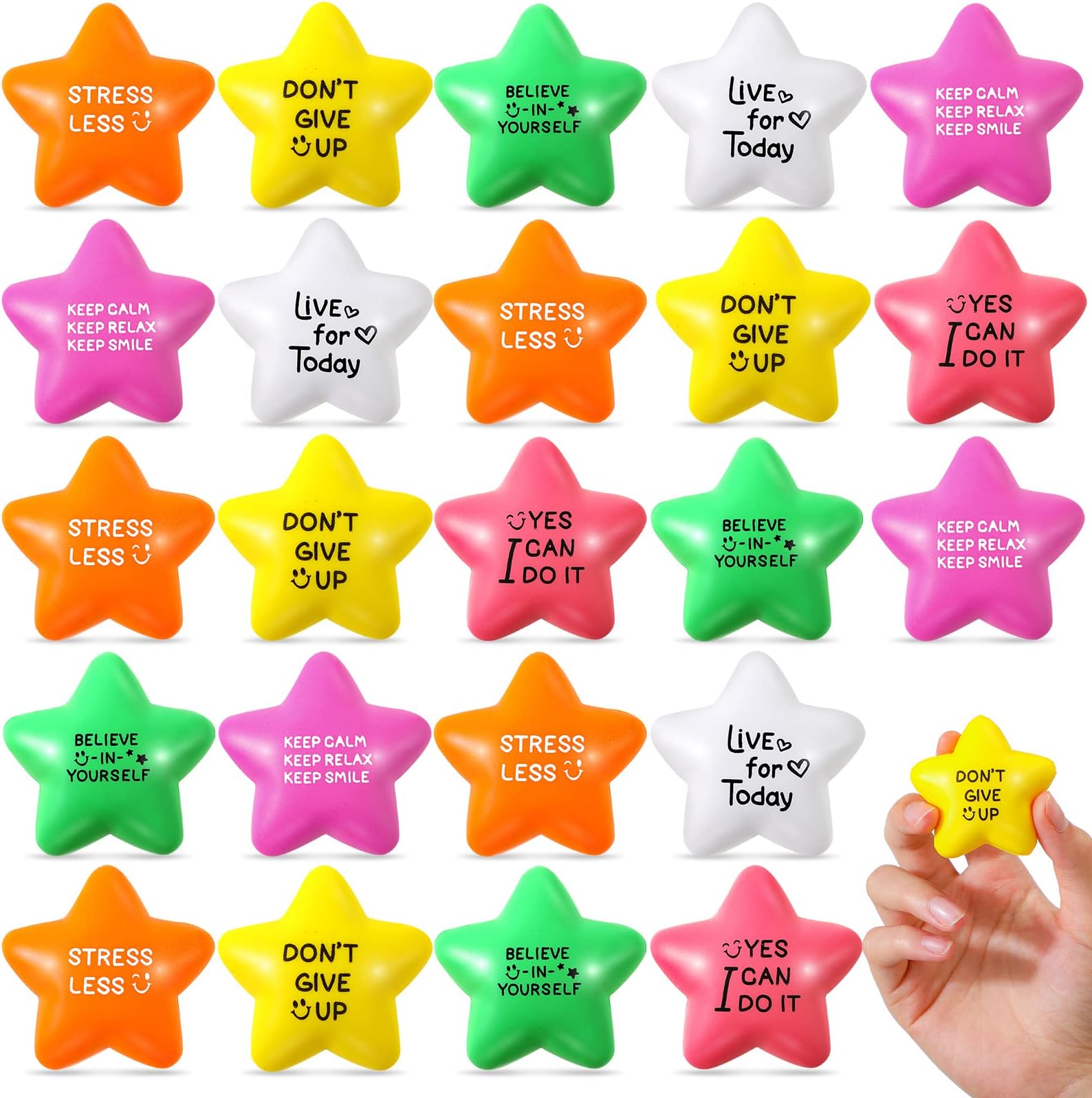 HyDren 30 Pcs Motivational Star Stress Balls 2.2 Inch Stress Relief Ball with Quotes Colorful Foam Ball Inspirational Hand Exercise Toys to Relieve Anxiety Party Favors Back to School(Bright Color)