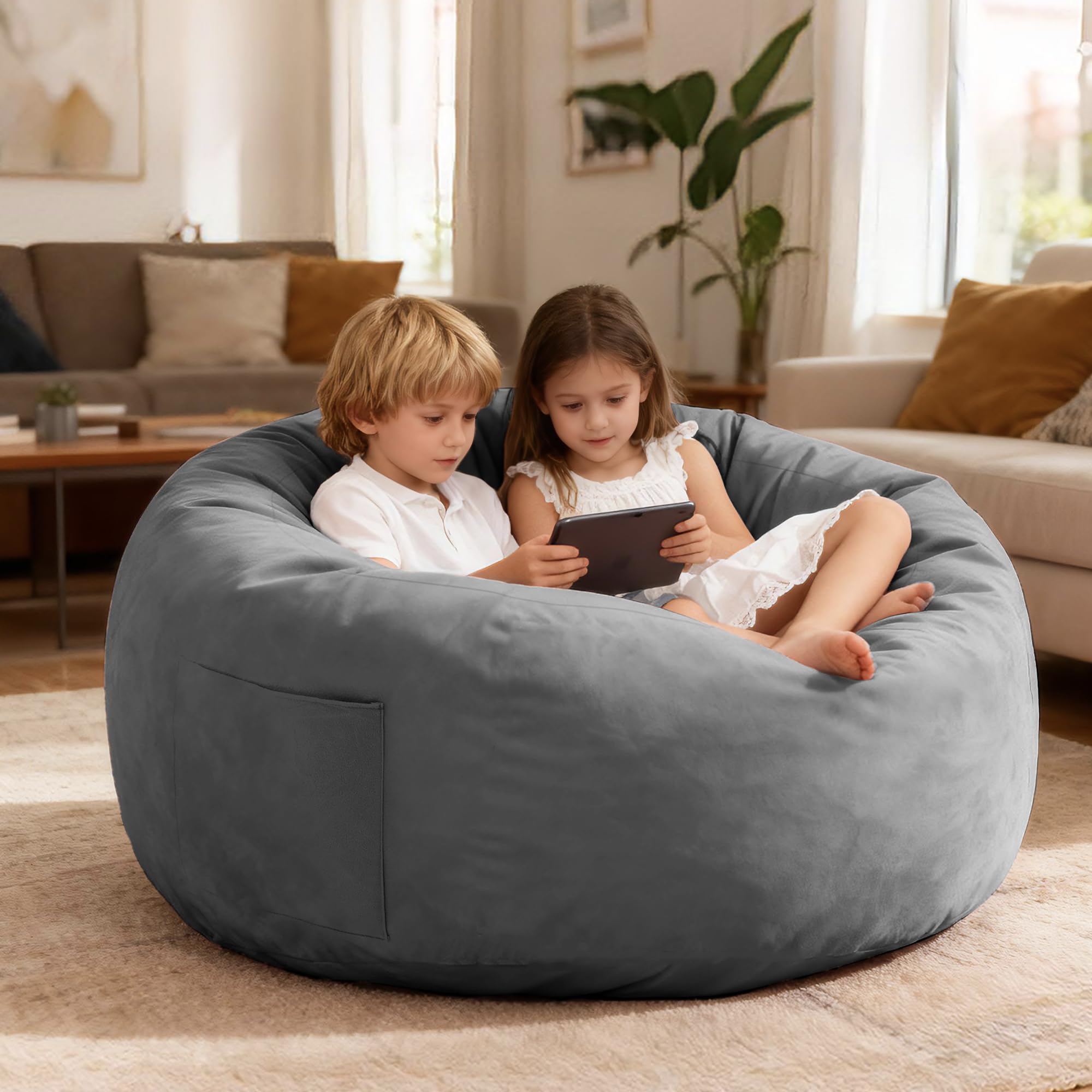 SUNBURY Giant Bean Bag Chair Bed for Adults, Full Size Convertible Bean Bag Chair Folds from Lazy Chair to Floor Bed, Love Sack Bean Bag, Big Sofa Bed, High-Density, Foam Filling, Grey