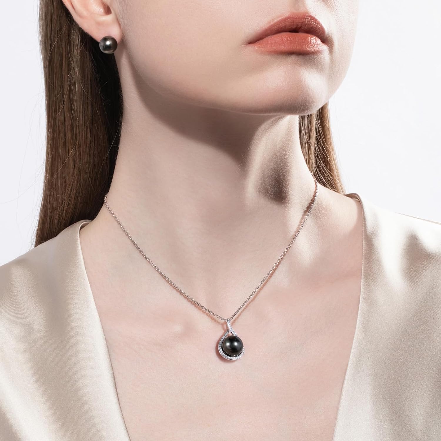 11-12MM Tahitian Black Pearl with Moissanite Pendant Necklace, AAAA Handselected Black Pearls, D Color Moissanite, 18K White Gold Plated Sterling Silver, 45+2+3mm Adjustable Chain - Image 4