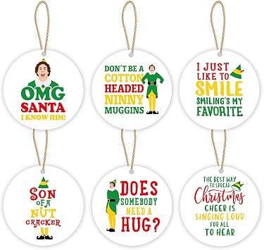 Buddy The Elf Christmas Decorations, 6 Pcs Christmas Tree Ornaments, Elf Merch Gift, Funny Holiday Wood Ornaments Home Wall Decor, Novelty Xmas Party Decor Supplies, White Elephant Gifts