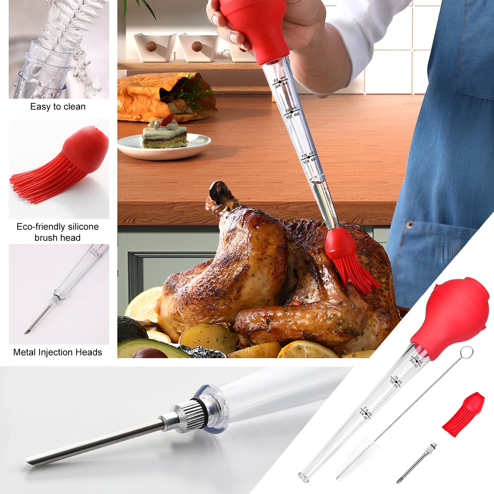 Kit 3 Poire à Jus + Brosse – Seringue D’Injection Viande 30 Ml Pour Dinde, Poulet, Barbecue