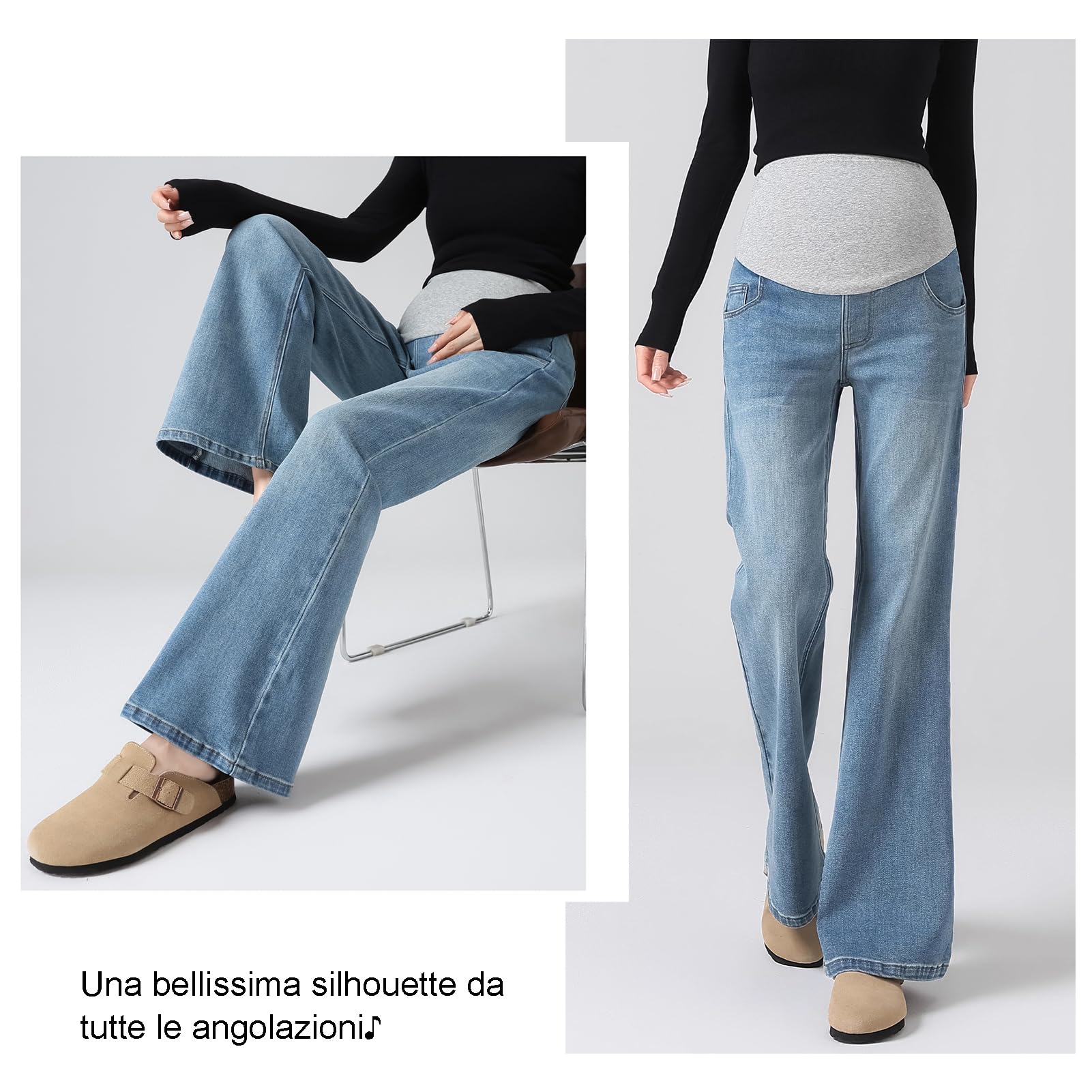 Jeans Grossesse Évasés avec Taille Réglable - Vie Confort Grande Taille pour Femmes de moins de 170 cm, Poches Utility
