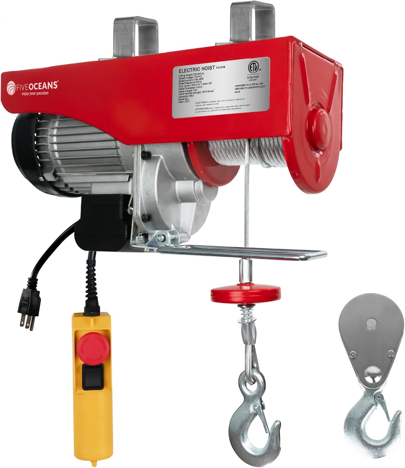 Five Oceans Electric Hoist, Hoist Pulley System, Pulley Hoist, 440 Lb Electric Winch with 20FT Remote Control 120 Volts, for Garage, Factory Lifting with Emergency Stop Button - FO4439