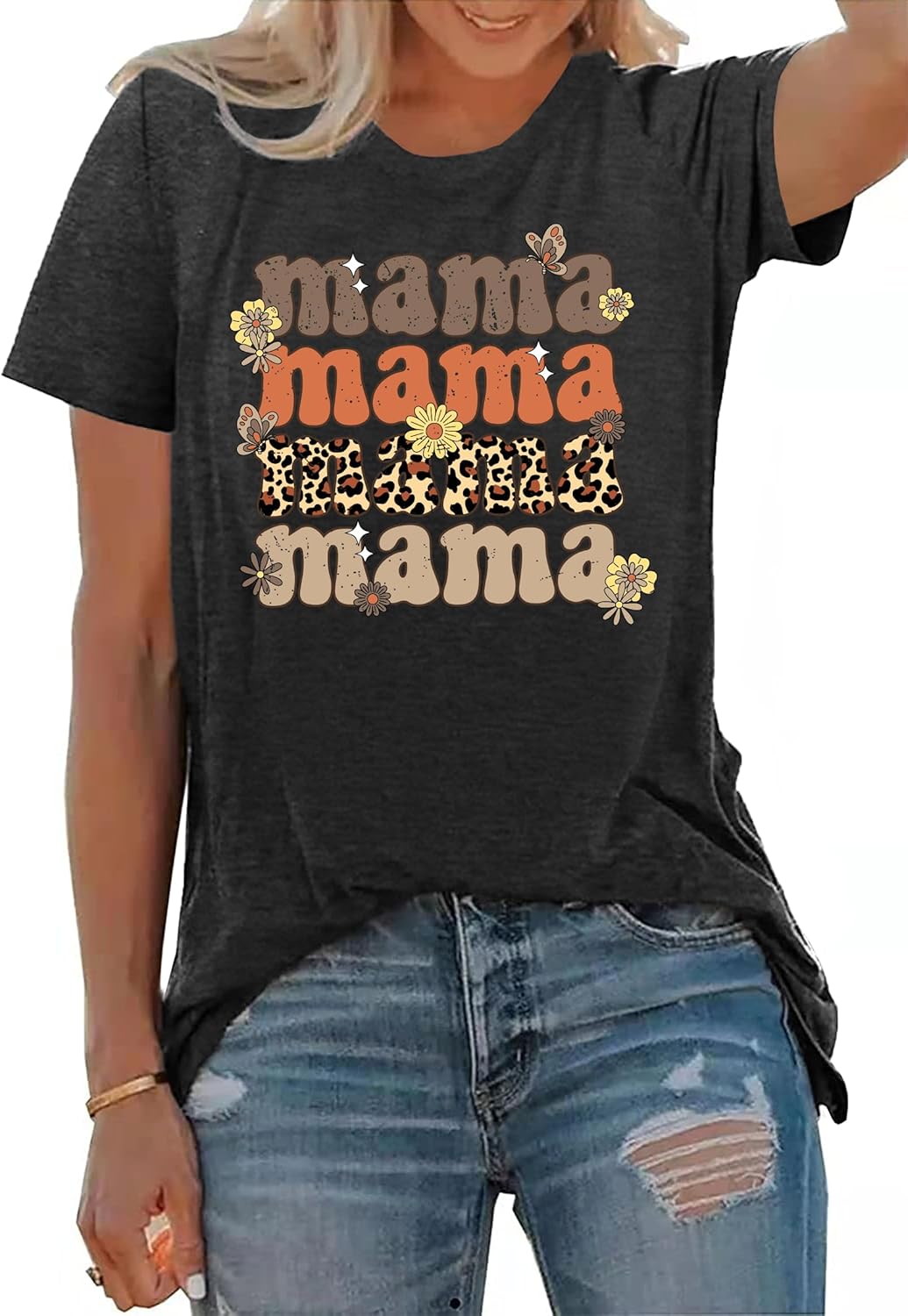 PECHAR Mama Shirt Women Leopard Mama Shirts Retro Flower Mama Graphic Cheetah Mom Tees Tops Blouses - Image 2