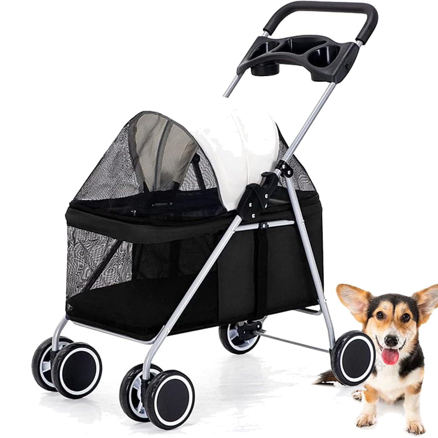Cochecito para mascotas con mango giratorio 360° y cesta grande para camping 7