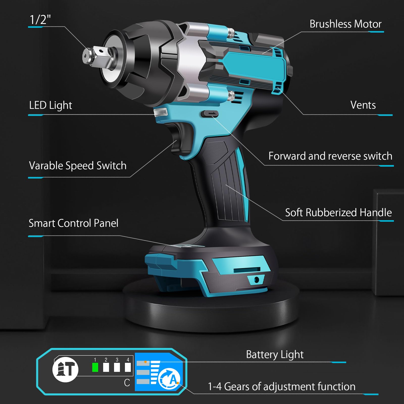 Llave de impacto con batería de 700 N.m, 18 V, atornillador de impacto con batería, 1/2 pulgadas, llave de impacto sin escobillas para Makita BL1830, BL1830B, BL1840, BL1840B, BL1850, BL1850B
