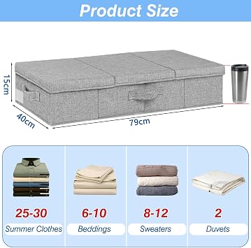 JUPELI 48L Rigid Under Bed Storage Boxes with Lids,15 cm High, 2Pack, Grey