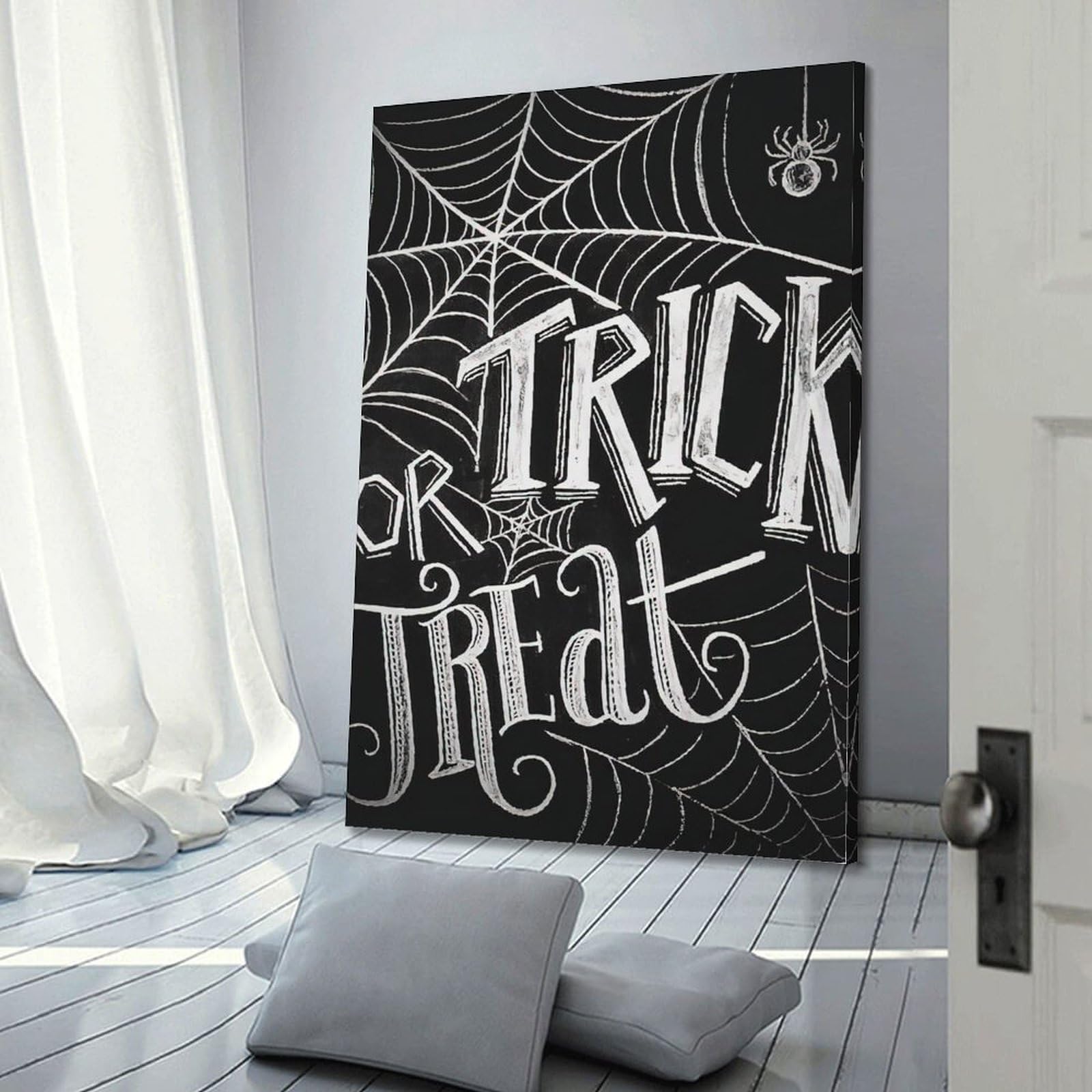 Poster su tela con stampa moderna per la casa, decorazione per Halloween, con scritta "Trick or Treat Words With Spider Web, Have Strong Festival", 40 x 60 cm, con cornice