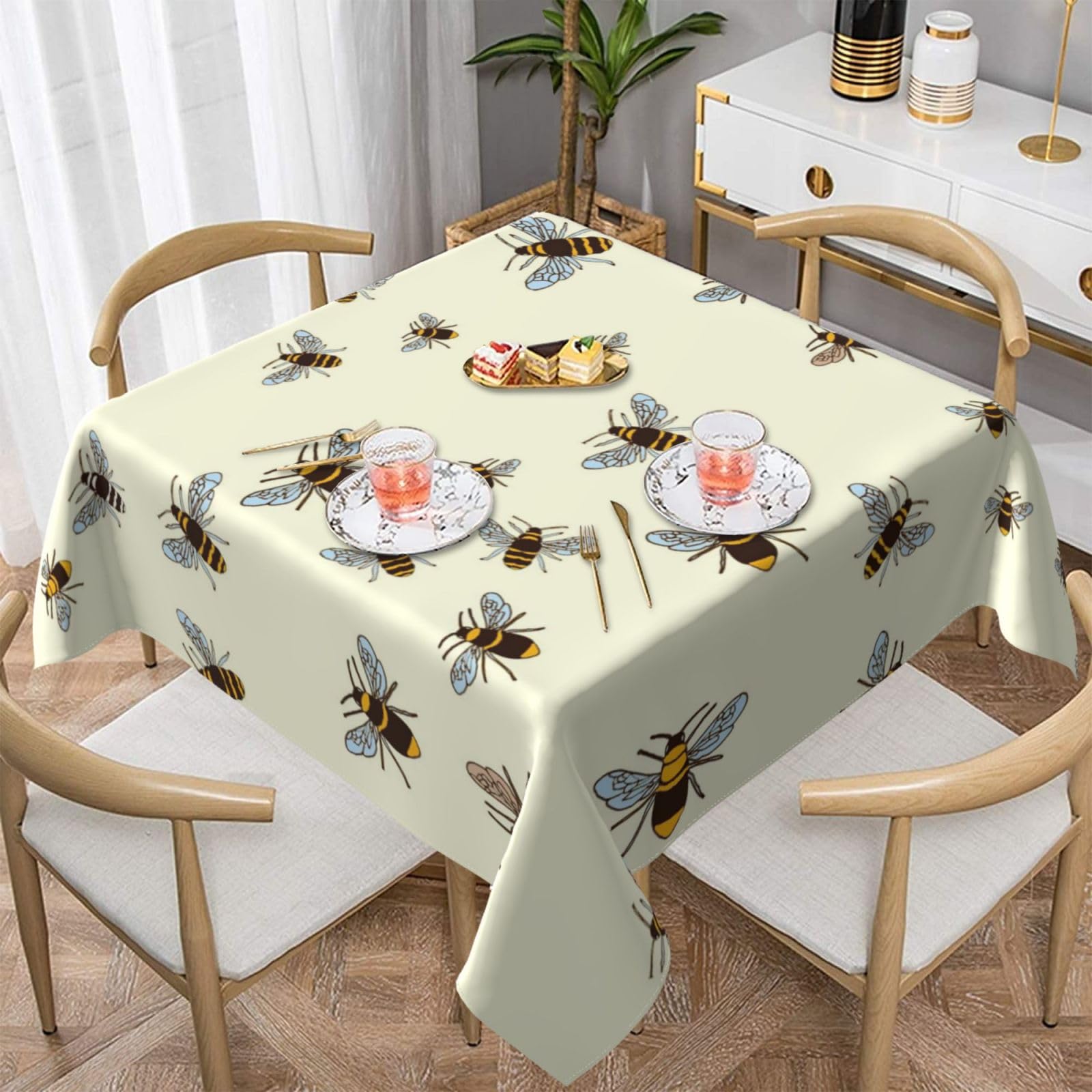 DCEHGEW honey bees Prints Square Tablecloth 137x137 CM, Waterproof Fabric Table Cloth for Dining Table, Farmhouse Table Cover for Kitchen Dining Tabletop Decoration