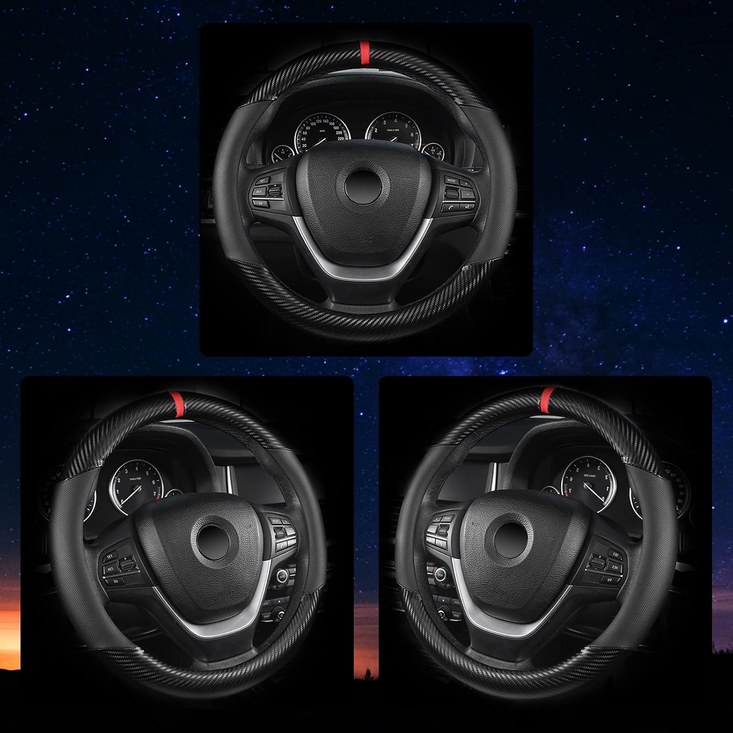 Carbon Fiber Steering Wheel Cover, Universal 15 inch Breathable Microfiber Leather Steering Wheel Covers for Men and Women, Anti Slip Car Interior Accessories, Black