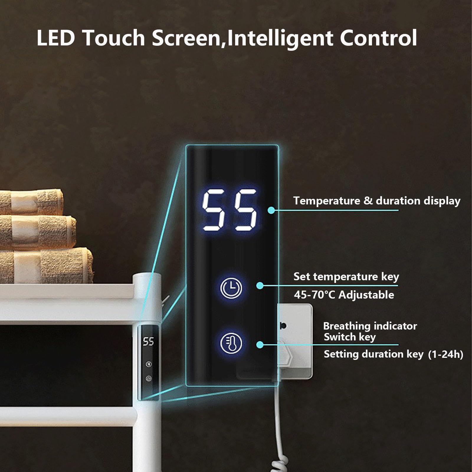 Scaldasalviette Elettrico, scaldasalviette Elettrico con Timer, Display LED, Controllo Temperatura costante, portasciugamani riscaldato a Parete con Spina/cablato, A-WHI