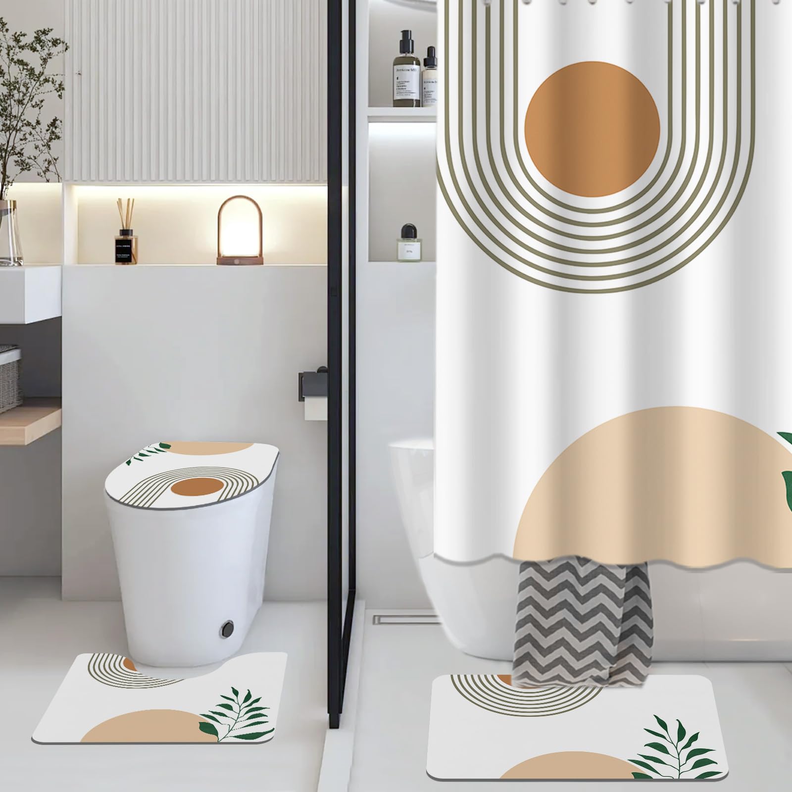 AIBIIN Juego de cortinas de ducha abstractas bohemias de 4 piezas con hojas de plantas modernas con alfombras antideslizantes, cubierta de tapa de inodoro y alfombrilla de baño, cortinas de baño