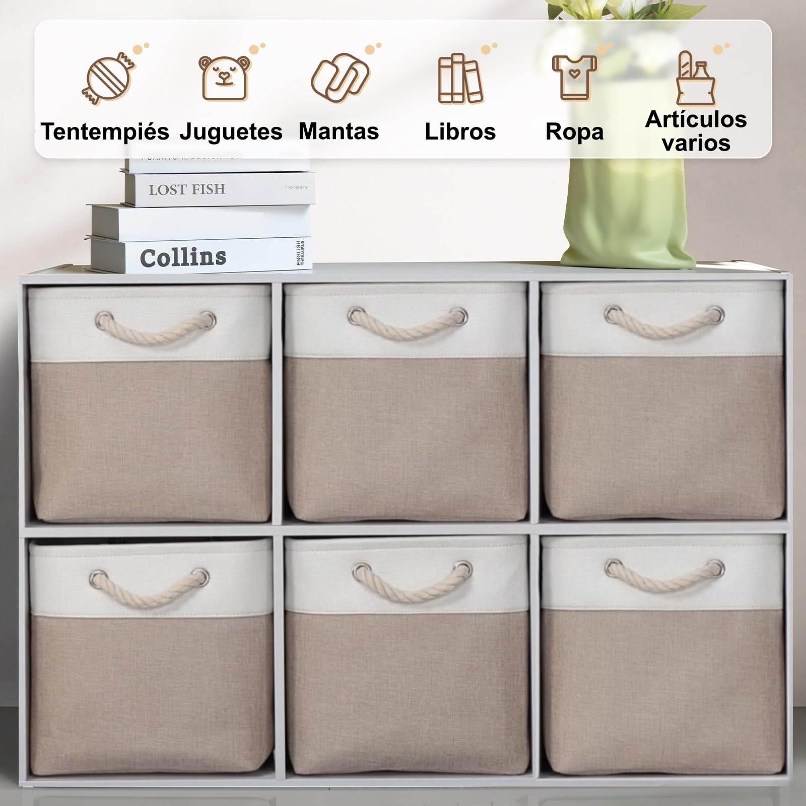 Juego de 6 cajas de almacenamiento cúbicas 30x30 cm de tela, con asas de cuerda de algodón, para organizar ropa, habitación infantil y hogar (Caqui/Blanco)