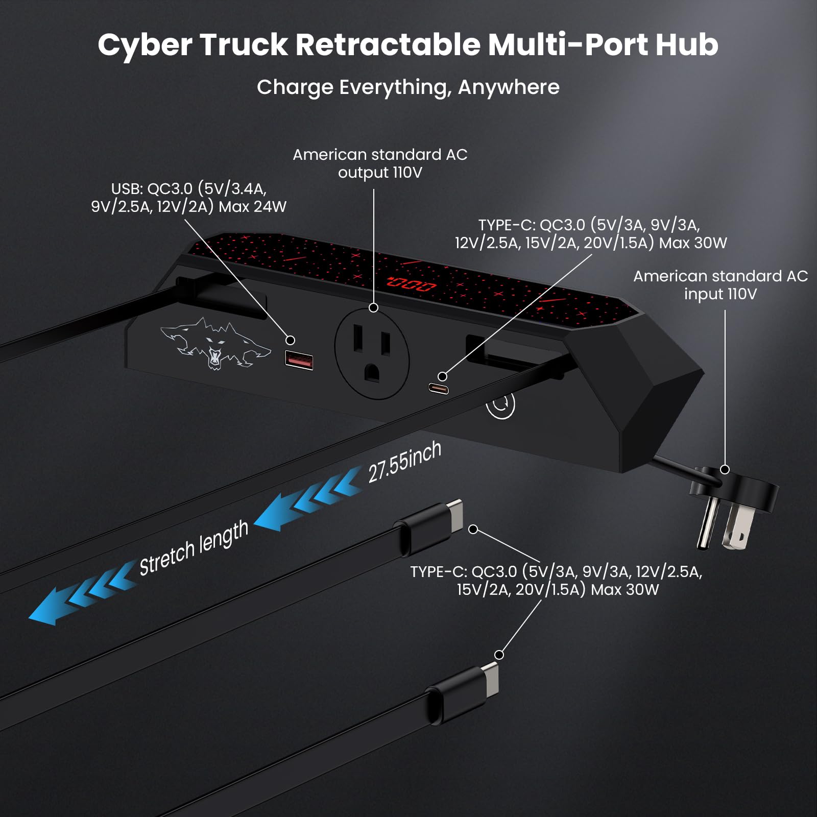 Cybertruck Multi-Ports Hub USB do Cyber Truck 2023+, ukryta szybka ładowarka z chowanym kablem, podwójne porty USB-C, akcesoria do stacji dokującej (do Cyberbeast/AWD/Dual Motor AWD)