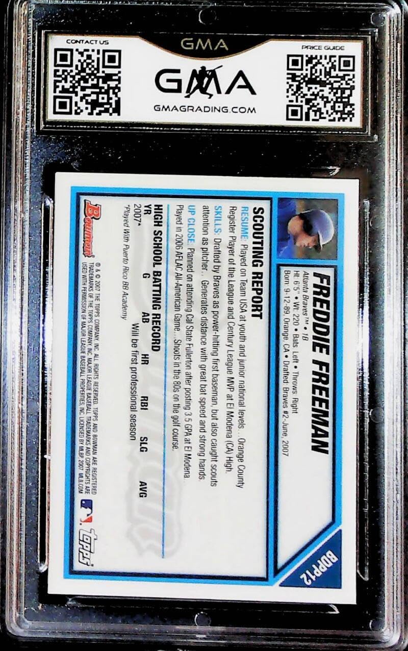2007 Bowman Draft Picks Gold Baseball #BDPP12 Freddie Freeman 1ST Bowman Card Atlanta Braves GMA 9 MINT 921058047