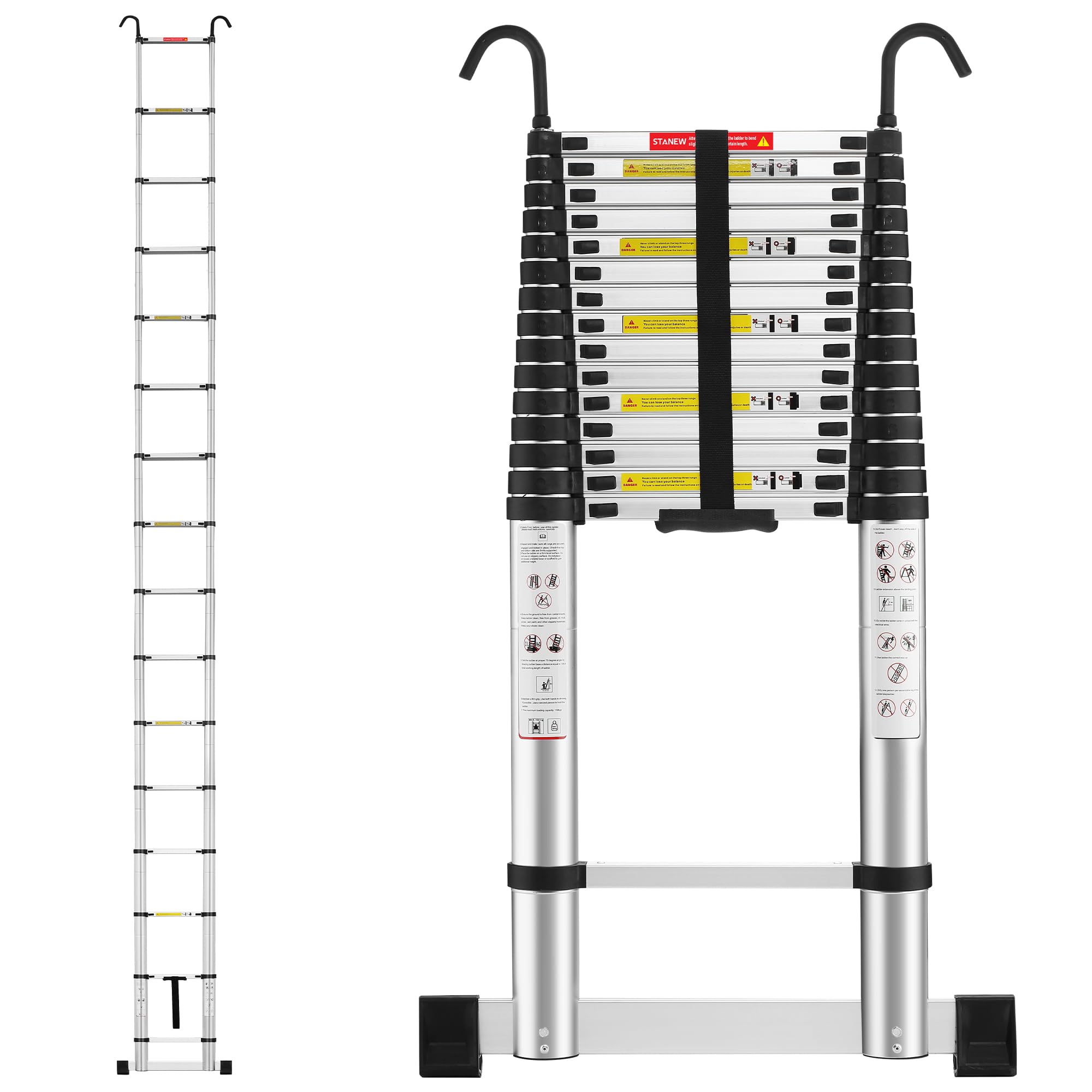 TEENO Escalera Telescópica de Aluminio Extensible 6.2M, Escalera Plegable Telescópica, EN131 Multiusos Portátil Extensible con Barra Estabilizadora y Ganchos Extraíbles Adecuado, Carga 150 KG