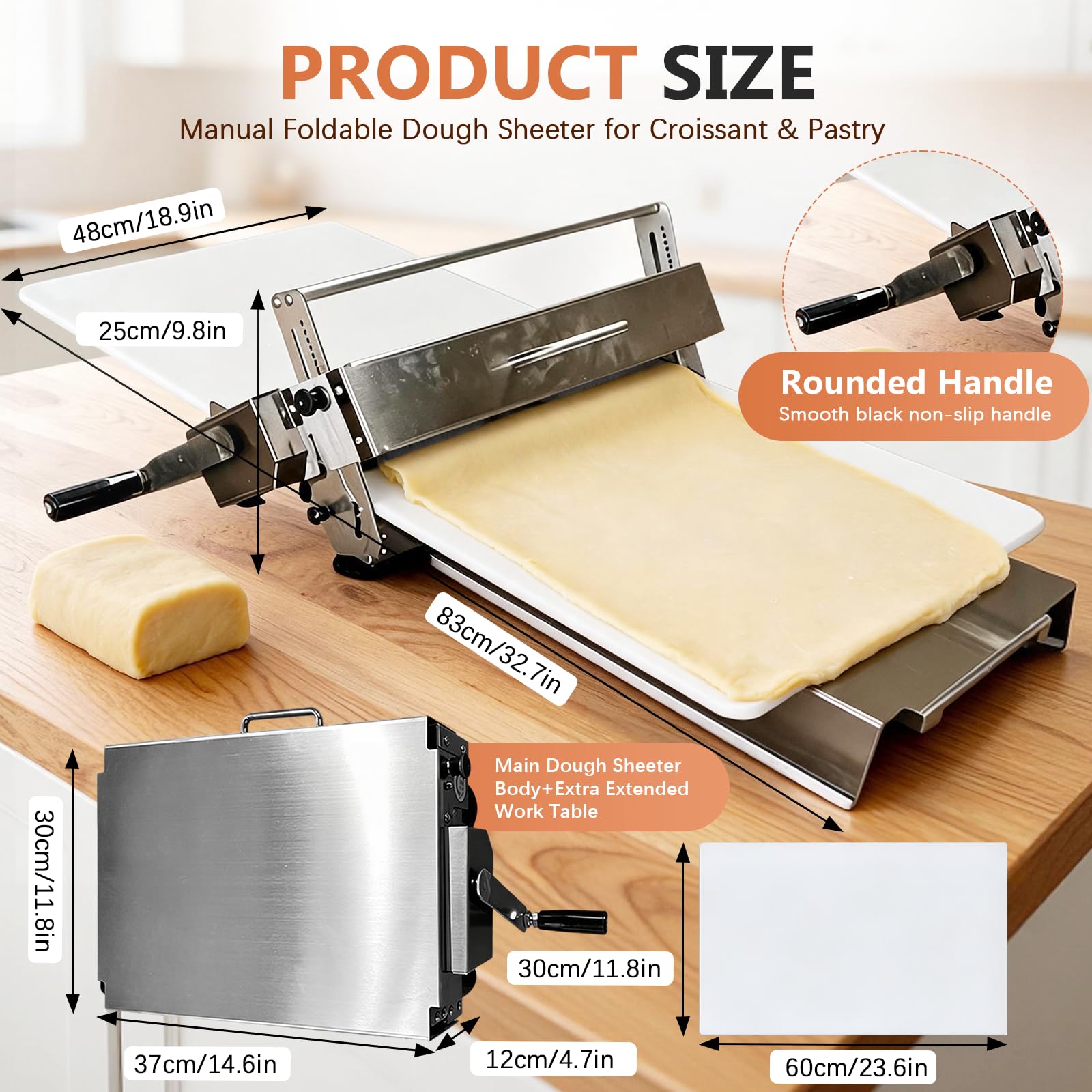 Laminadora de Masa Manual, Máquina Laminadora Masa Plegable de Acero Inoxidable, Grosor Ajustable 0-25 mm, Rodillo de Masas para Panadería Comerciales y Domésticas