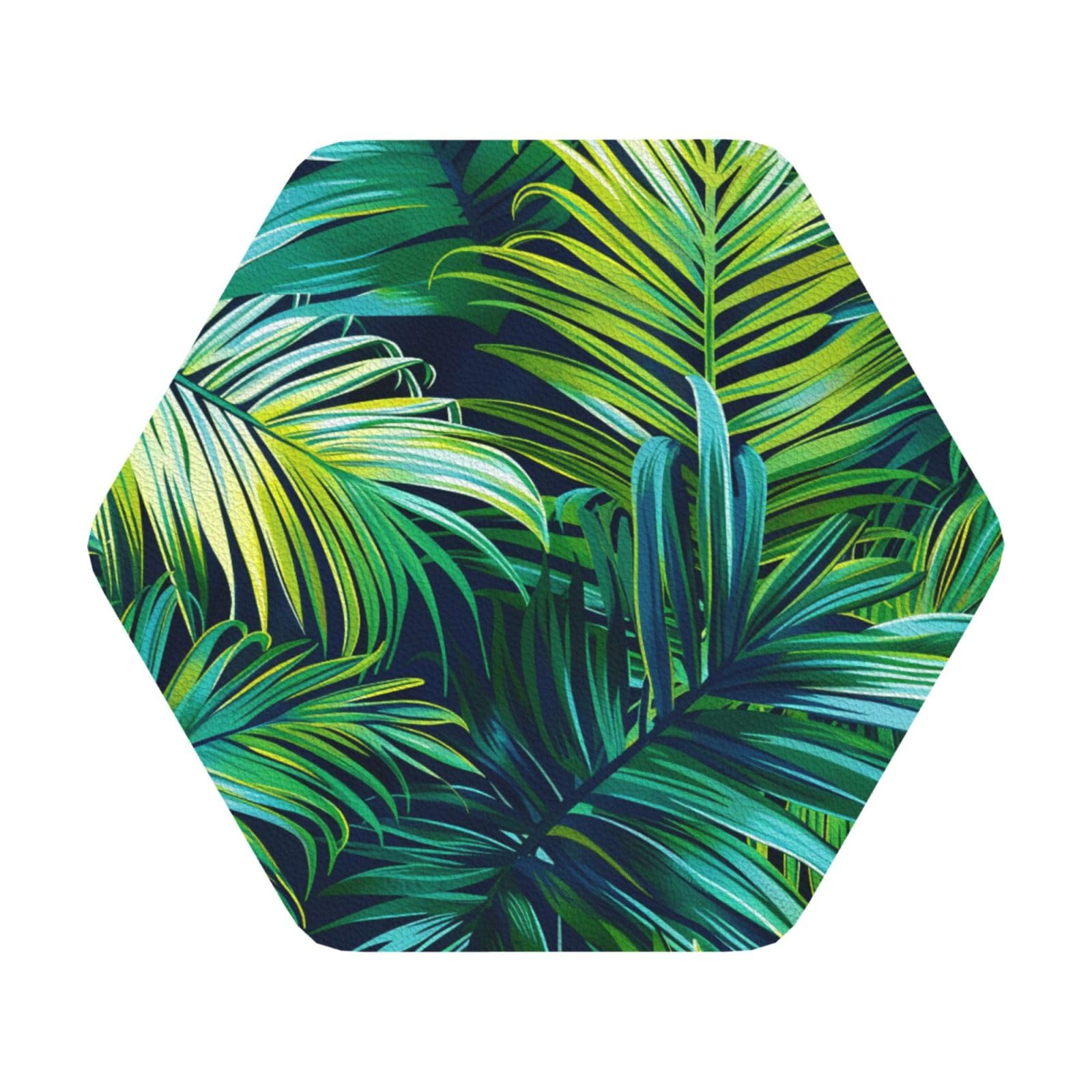 Tropical Palm Leaves Print Leather Coaster Set of 6, Hexagon Coasters Table Decorative Coffee Cup Beverage Coasters Wine Beer Bar Coasters for Hot Drinks Table Protection