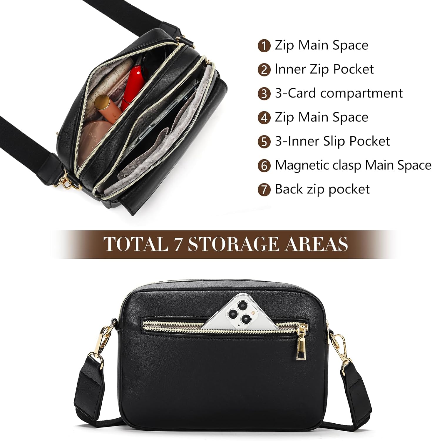 Vegan Leather Crossbody Purse for Women, Small Bag with Multi-Pocket & Wide Strap, Trendy Shoulder Bag for Daily