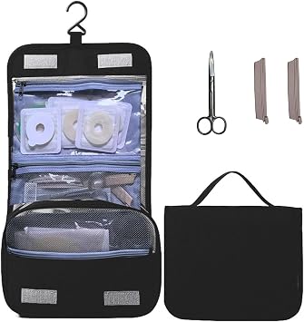 Ostomy Colostomy Travel Bag kit with Ostomy Scissors ileostomy bag clips hanging bag organizer ileostomy Ostomy Supplies BLACK