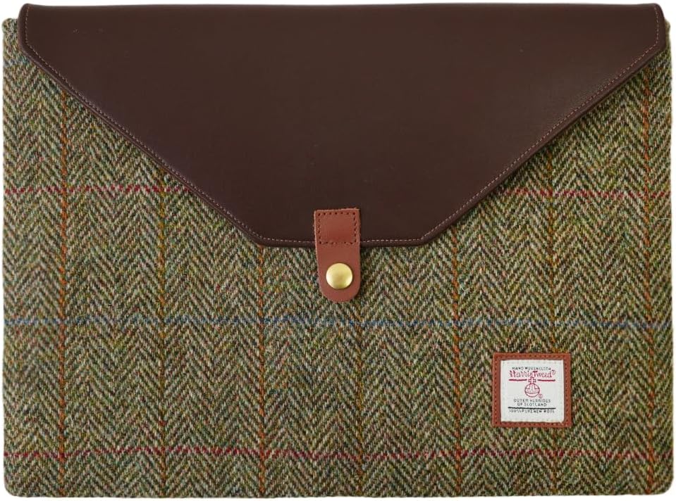 Harris Tweed Laptop Sleeve for MacBook Air M4 M3 M2 M1 13 Inch and Pro M1 A2338 Wool and Microfiber Leather Case with Snap Button Flap