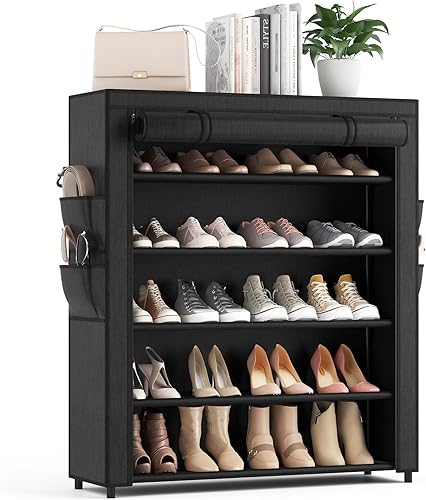 Zapatero con tapa, organizador de zapatos de 5 niveles para 20 a 24 pares de zapatos y botas, estante grande de almacenamiento de zapatos, estante