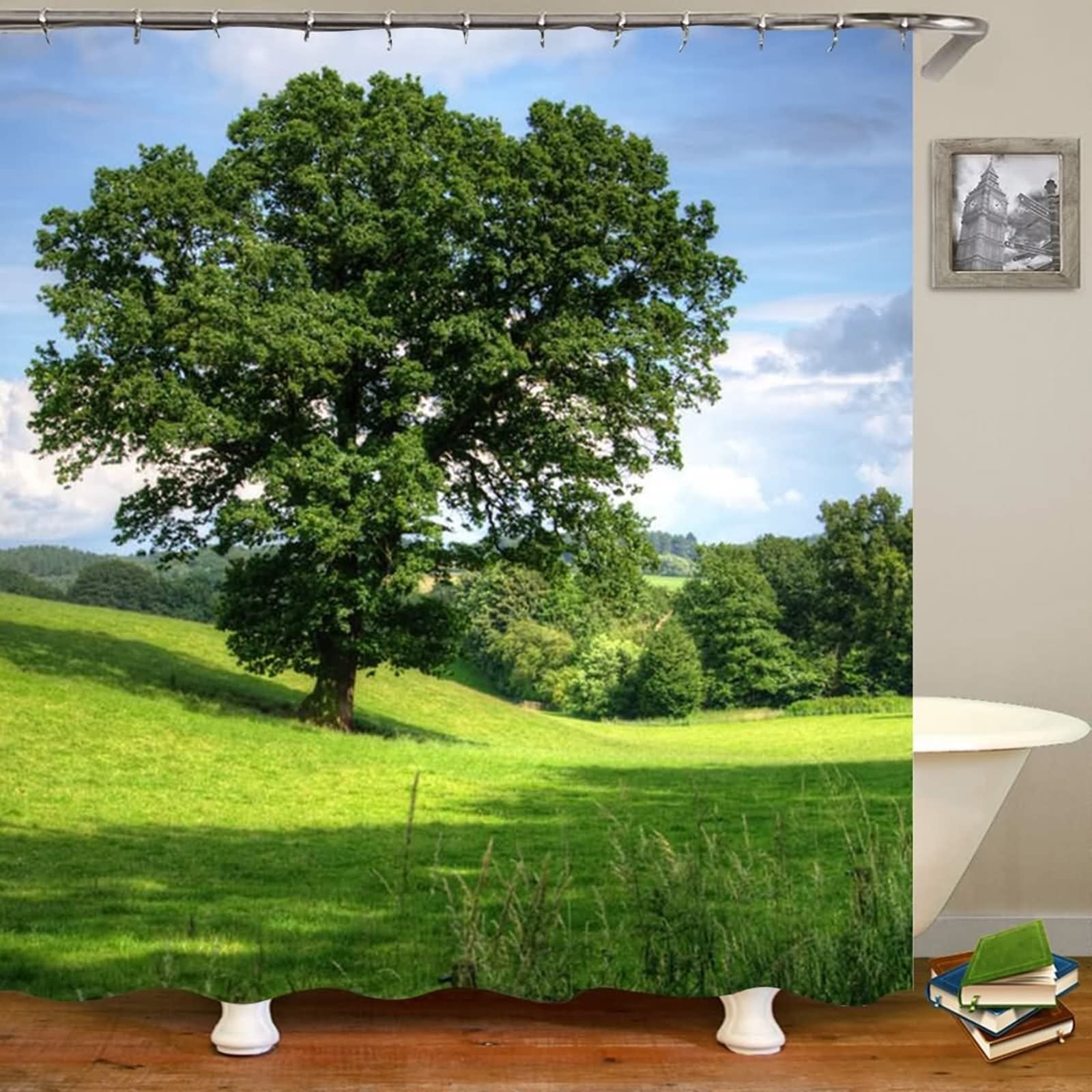 Rideau de douche arbres et prairie KnSam vert bleu imperméable en tissu polyester