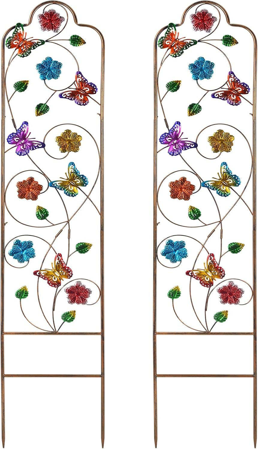 2-Pack Metal-Garden-Trellis Plant-Support-Trellises Outdoor-Decoration Arched-Fence-Trellis - for Climbing Plants Patio Lawn Yard Backyard Wall Brackets 60'' H x 12'' W Colorful Butterfly