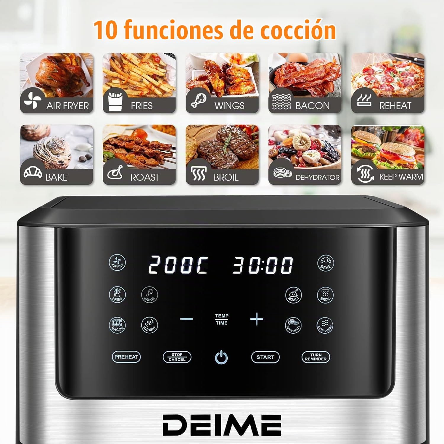 Freidora de Aire 10 Funciones, 6L, 1500W, Control Digital de Temperatura 80-200°C y Tiempo, Temporizador hasta 60 min. Pantalla LED, Ventana de Cocción Visible, Antideslizante. (6 LITROS)