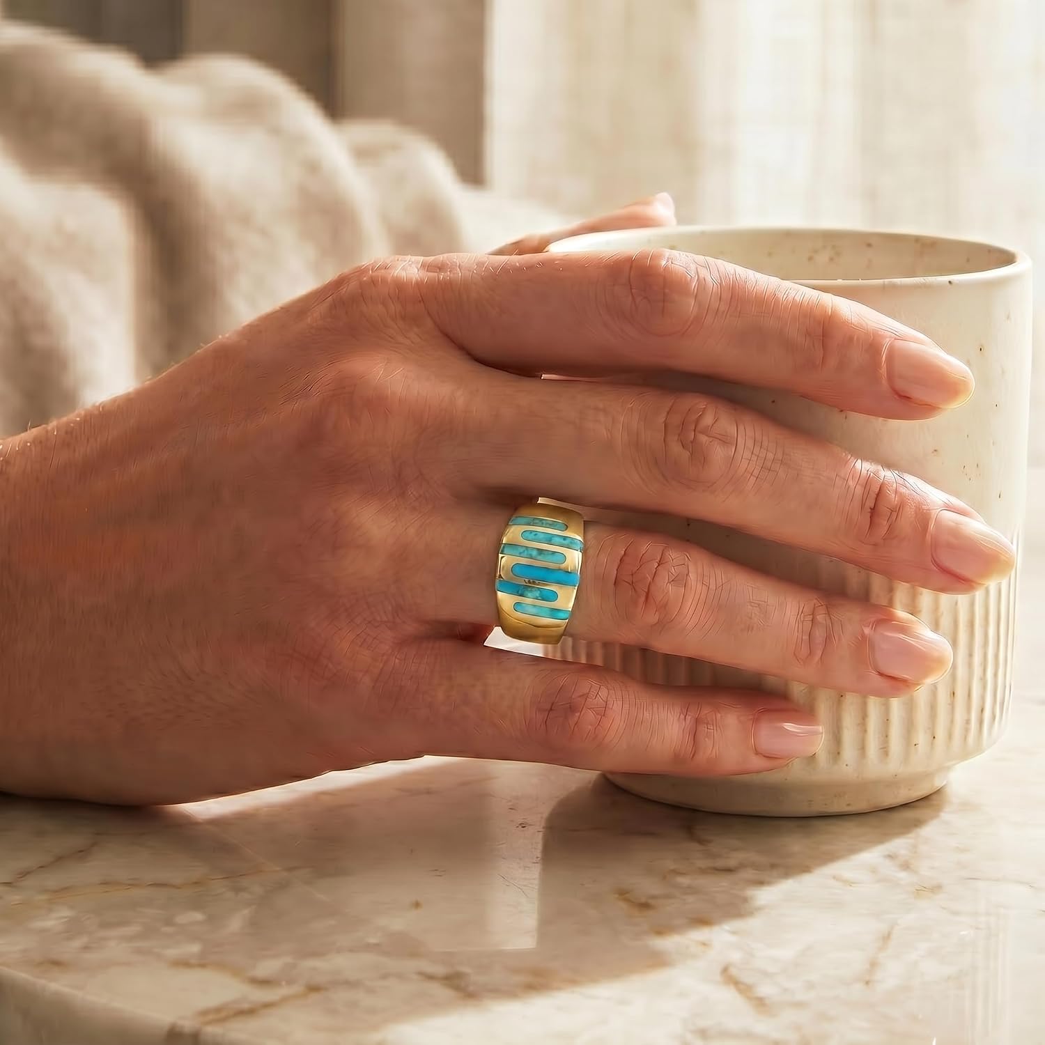 Turquoise Ring Gold Tone Genuine Gemstone for Women