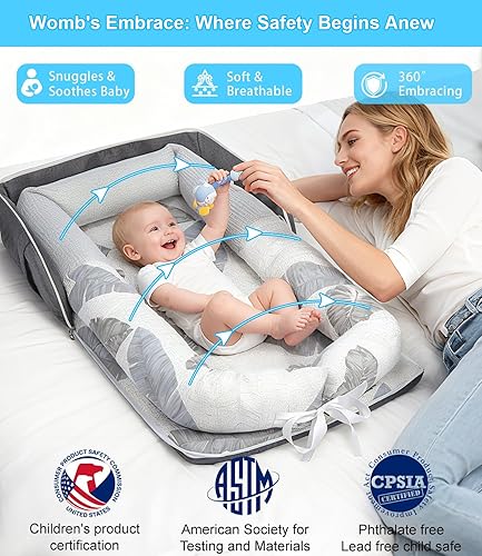 Miniatura 2 de Tumbona para bebé, tumbona portátil plegable de viaje para recién nacido de 0 a 12 meses, lavable y ligera, nido para bebé con toldo, nido de bebé